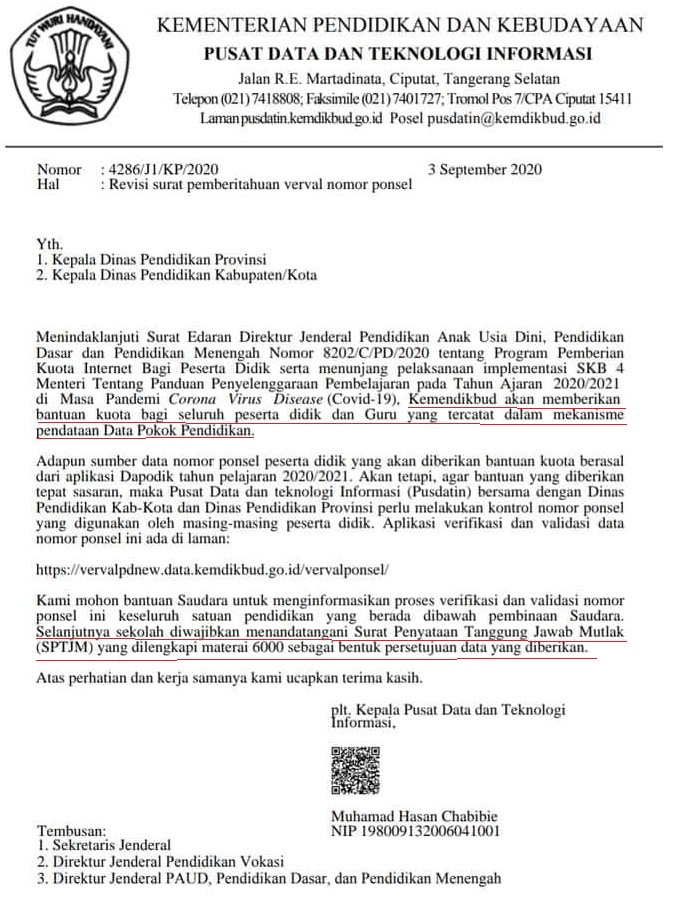 Revisi Surat Pemberitahuan Verifikasi Dan Validasi Data Nomor Ponsel Pada Program Pemberian Kuota Internet Bagi Peserta Didik Belajar Tanpa Batas