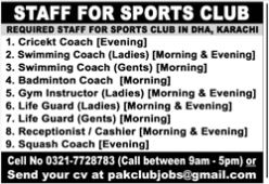 JOBS | Staff for Sports Club in DHA, Karachi