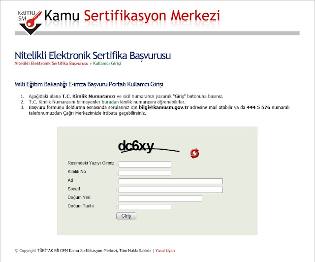 nitelikli elektronik sertifika başvurusu sayfası