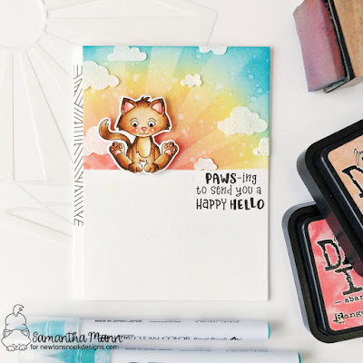 Pawsing to Send a Happy Hello Card by Samantha Mann for Newton's Nook Designs, Distress Inks, Ink Blending, Stenci, Cardmaking, Cards, Handmade Cards, #newtonsnook #newtonsnookdesigns #distressinks #inkblending #cardmaking