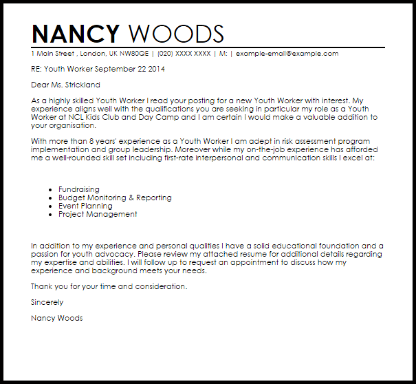 Cover Letter Examples For Youth Worker Sample Letter