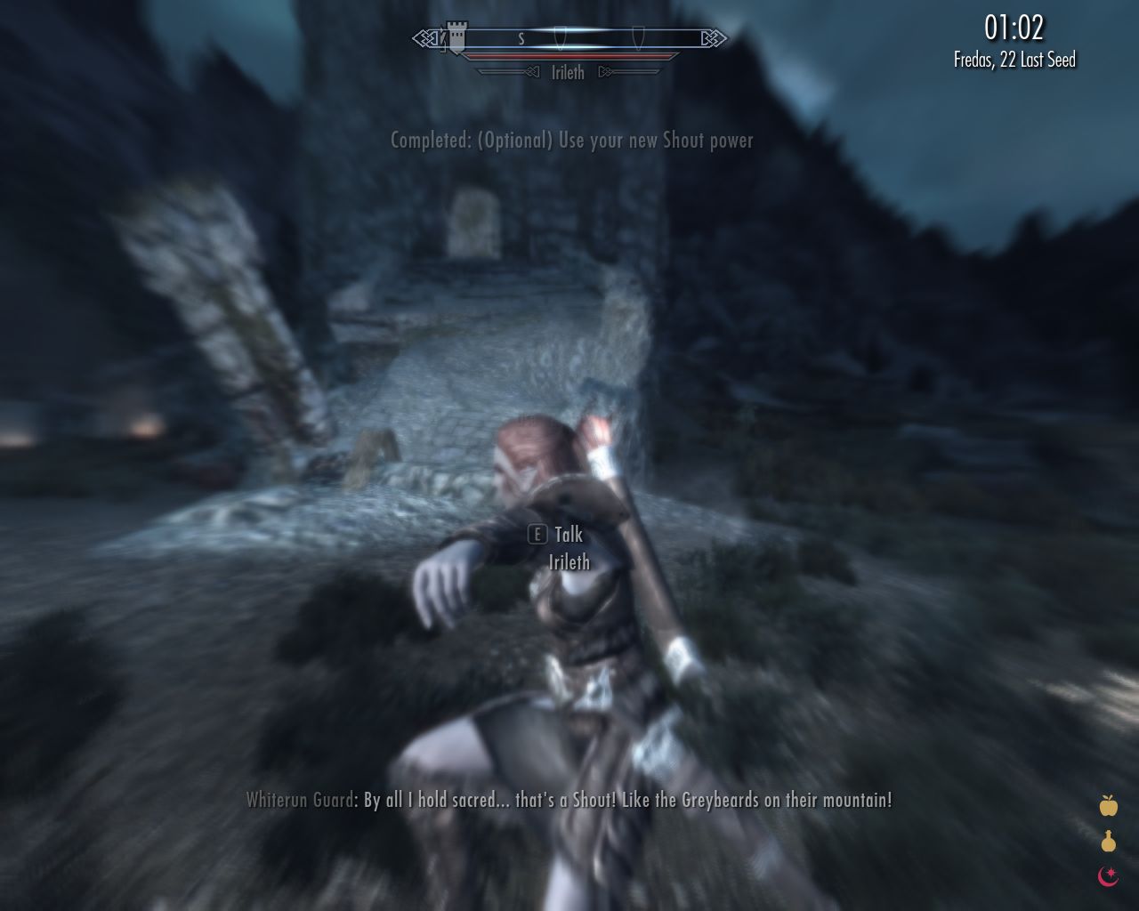 near Hviterun's Western Watchtower at night, foggy view due to magic used, Irileth falling down in foreground