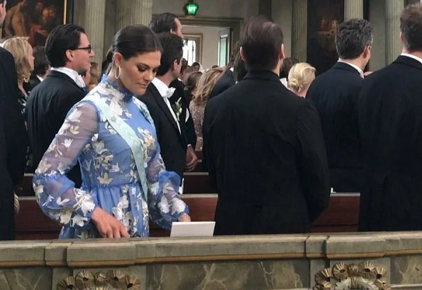 Crown Princess Victoria wore Cassandra dress by ERDEM. Crown Princess Victoria and Daniel attended the wedding of Joen Bonnier and Jessica Crawley