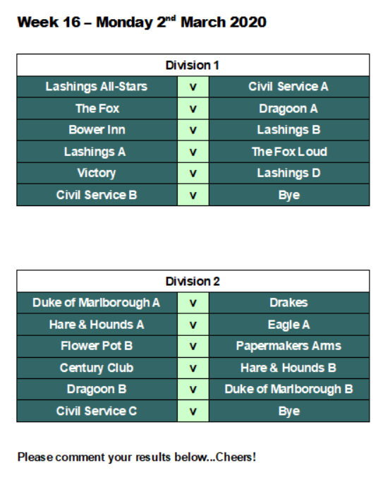 Official Lashings Pool League Week 16 Fixtures