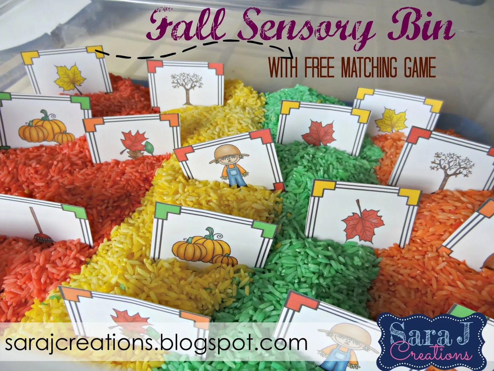 Fall sensory bin activities with free printable matching pictures card game.