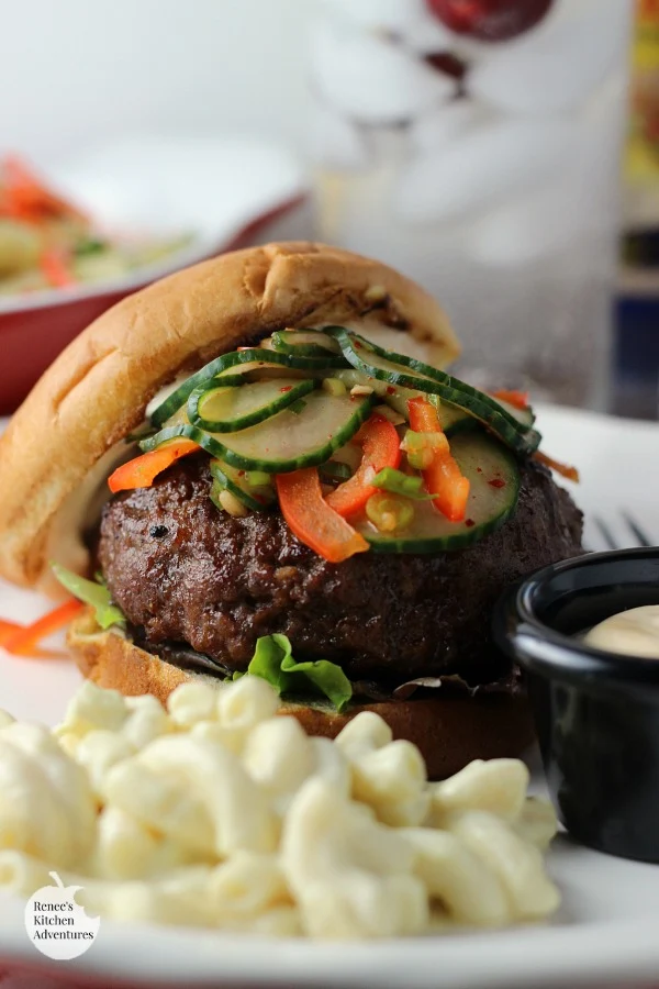 Korean BBQ Burgers with Kimchi Cucumbers | by Renee's Kitchen Adventures - easy recipe for grilled burgers and spicy cucumbers that make a great topping or side dish @gianteagle #SummerofGrilling #ad 