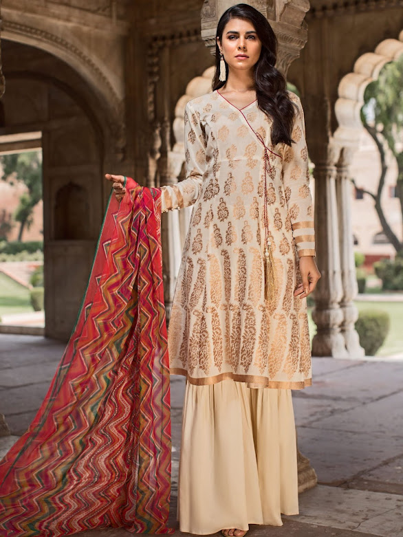 Jacquard Orange printed suit with chiffon dupatta