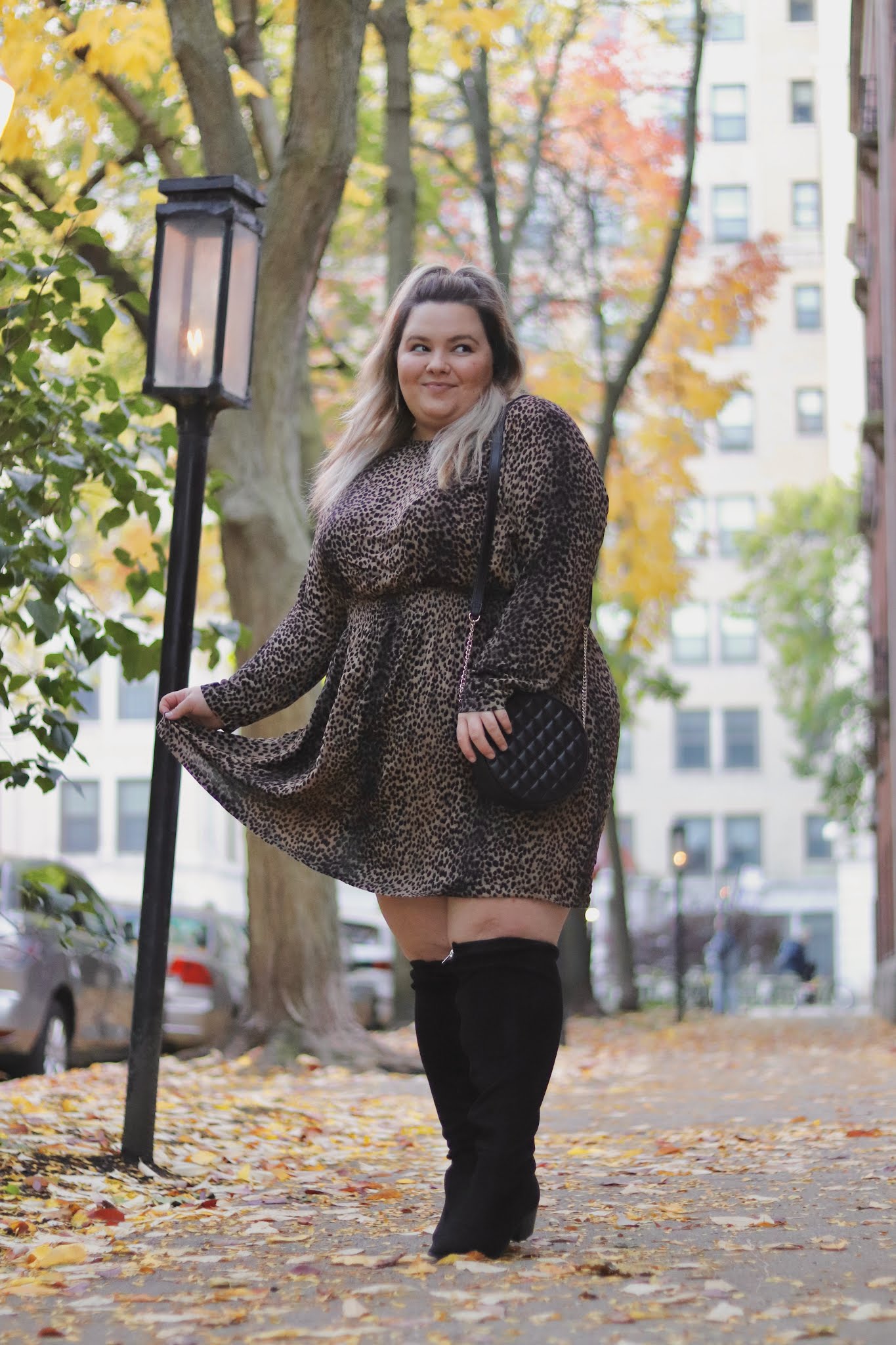 Chicago Plus Size Petite Fashion Blogger and model Natalie Craig Natalie in the City plus size dresses wide calf boots
