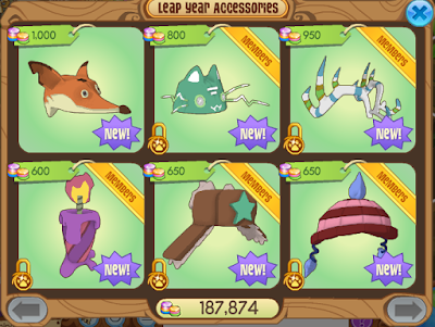 A screenshot that shows the clothing items at the leap year party 2016, including the Fluffy Fox Head, Happy Cat Hat, Striped Epic Antlers, Striped Candle Hat, Wild Winter Hat, and Zany Hat.