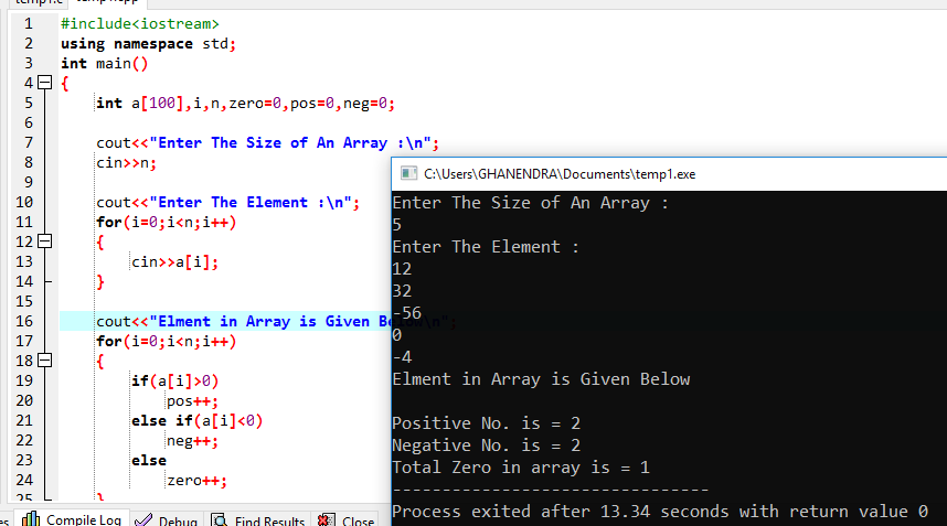 C++ Program For Count Positive And Negative Number in An Array