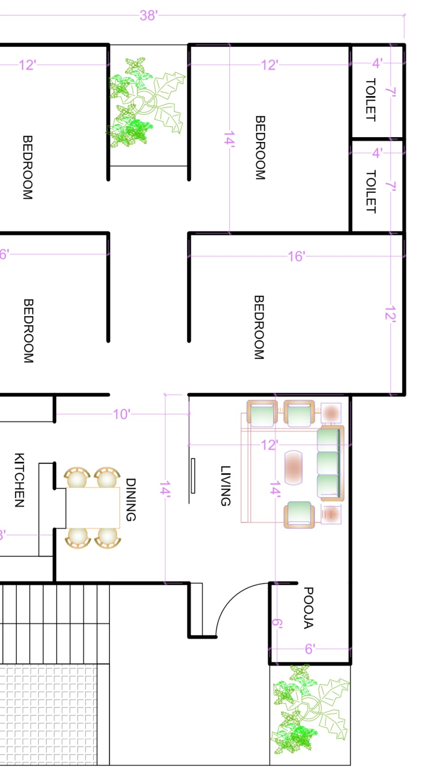 1000 square feet east face house plan with 3 bedroom