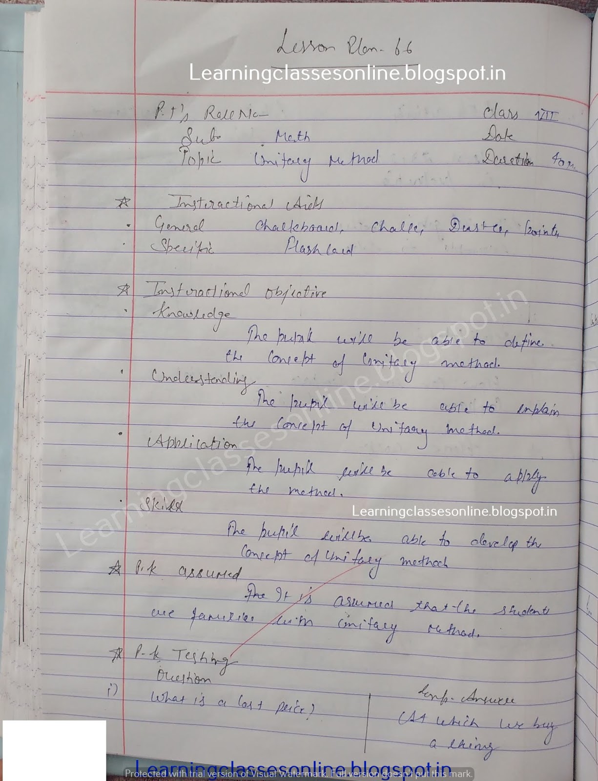 Mathematics B.Ed Teaching Lesson Plan on unitary Method - Math B.Ed Lesson Plans Mathematics Teaching Lesson Plan on unitary Method