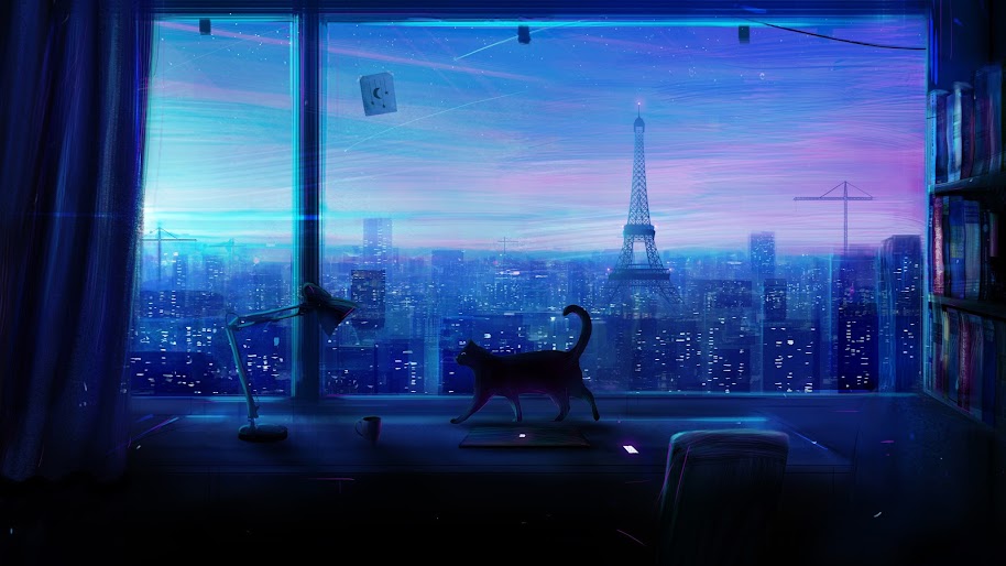 Cat, City, Night, Scenery, Anime, 4K, #134 Wallpaper