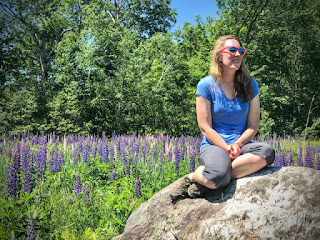 Enjoying sitting on a rock surrounded by lupines