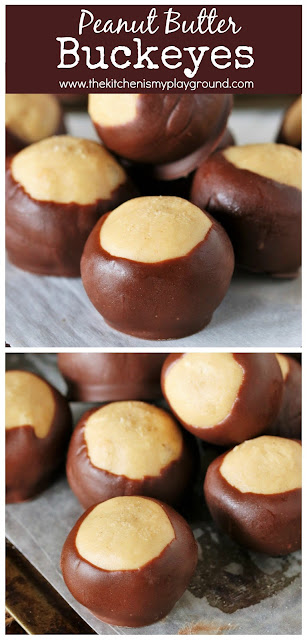 Peanut Butter Buckeyes Recipe: Step-by-Step ~ These delicious little bites are loaded with that chocolate & peanut butter combination we love so much! Follow these simple steps to whip up a tasty batch at Christmas time, or anytime that chocolate-peanut butter craving hits.  www.thekitchenismyplayground.com