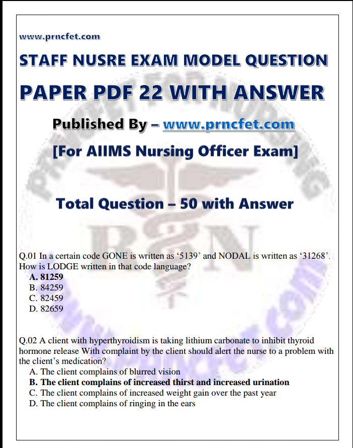 Latest Staff Nurse Recruitment Staff Nurse Papers Exam Pattern