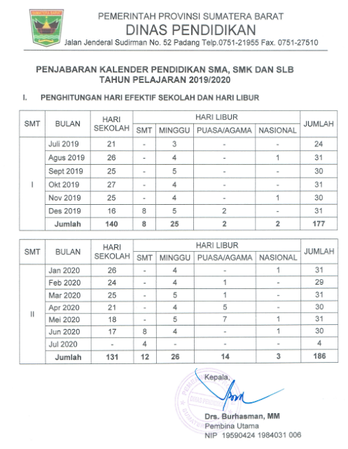 Kalender pendidikan Provinsi Sumatera Barat Tahun Pelajaran 2019/2020