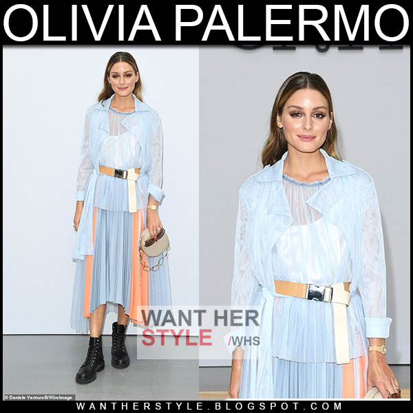 Olivia Palermo in sheer pale blue tulle coat, pleated skirt and black