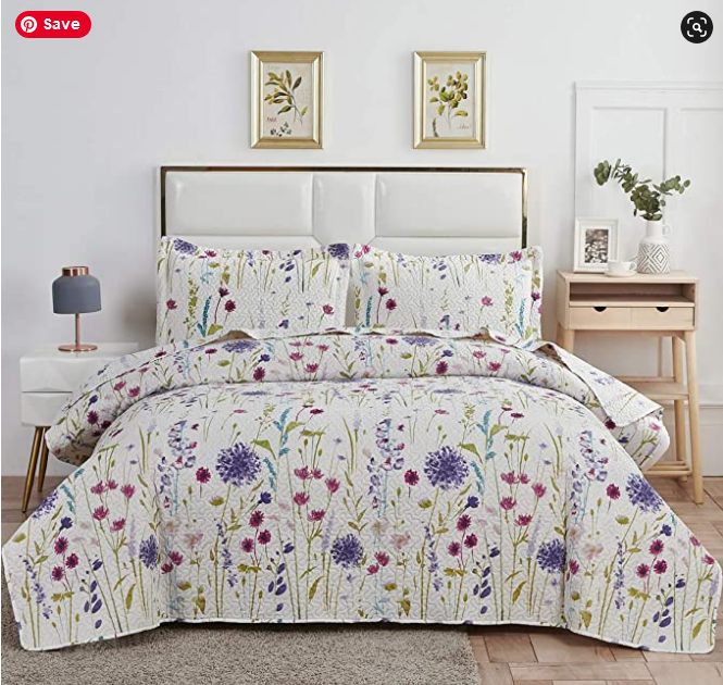 Floral Quilts Set Lightweight Summer Bedspreads Full/Queen Size,3Pcs
