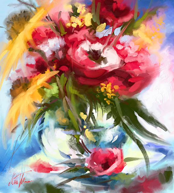 Bouquet of red flowers digital oil painting stillife by Mikko Tyllinen
