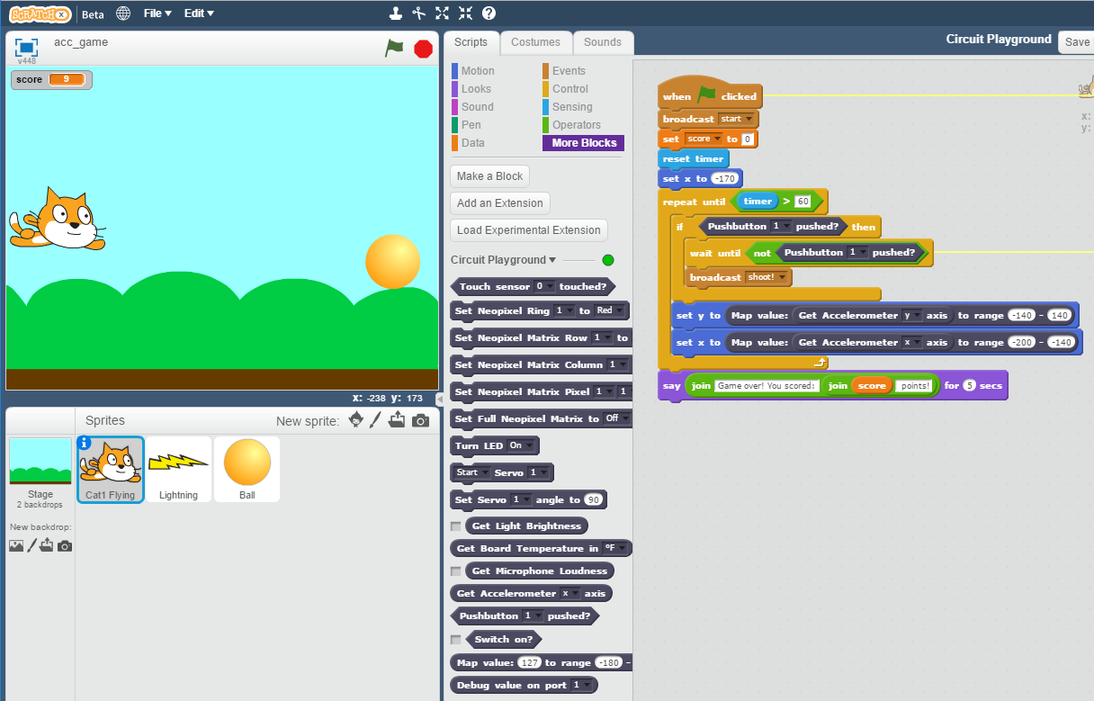 Adafruit Circuit Playground with Scratch! ScratchX Extension from