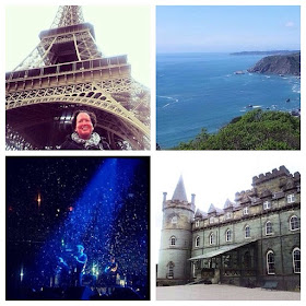 Collage: at Eiffel Tower, Sausalito, Kings of Leon, Scottish Castle