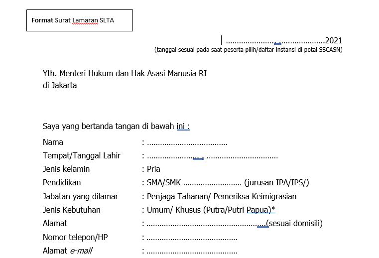 Contoh Surat Lamaran Cpns Kemenkumham 2021 Yang Sudah Diisi Format Administrasi Desa