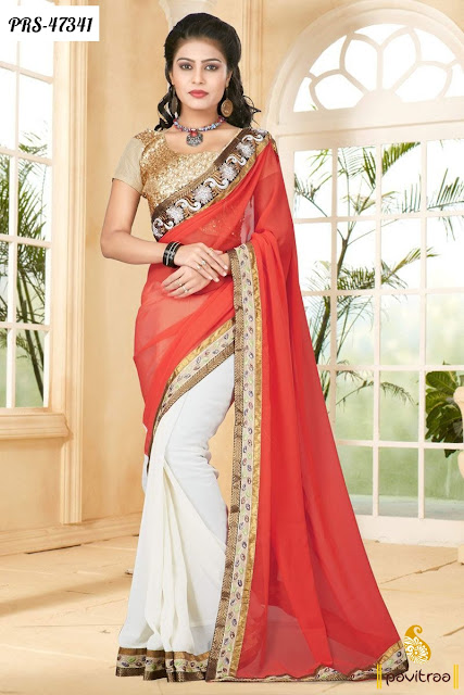 Diwali festival discount sale and deals on red georgette designer saree online shopping at pavitraa.in