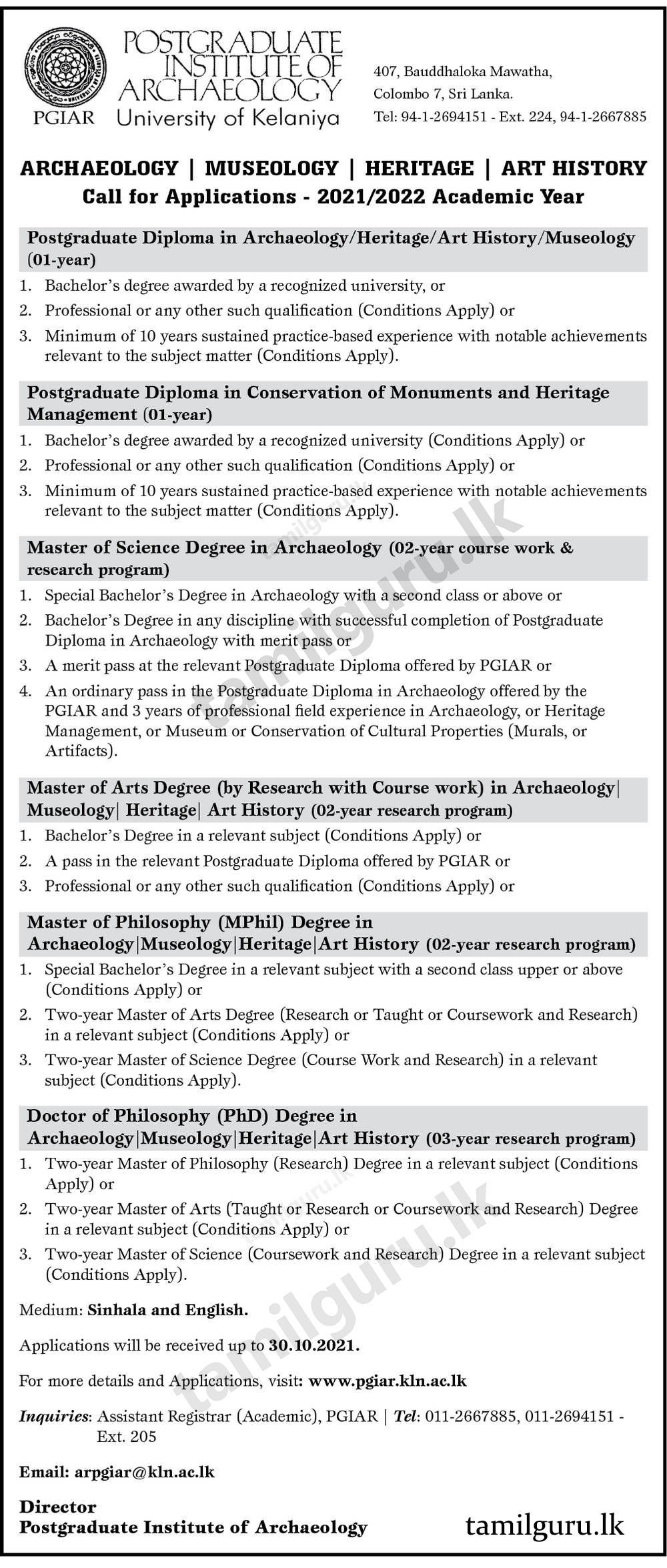 MA, MSc, MPhil, PhD - Archaeology, Museology, Heritage, Art History - Postgraduate Institute of Archaeology Courses 2021 - University of Kelaniya