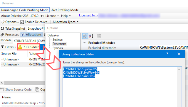 Screen shot showing how to edit excluded modules list in Deleaker