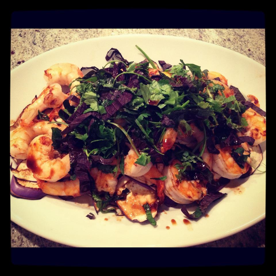 Insatiably Epicurious... Seared Prawns & Scallops with Asian Eggplant