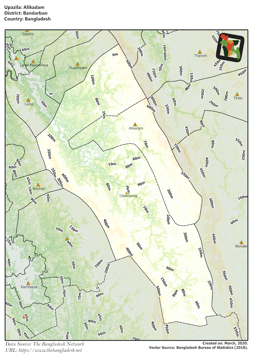  AliKadam Upazila Elevation Map Bandarban District Bangladesh