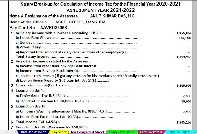 Income Tax Calculator for The W.B.Govt Employees for the F.Y.2020-21