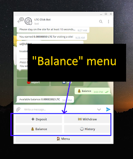 Telegram LTC Click Bot balance menu