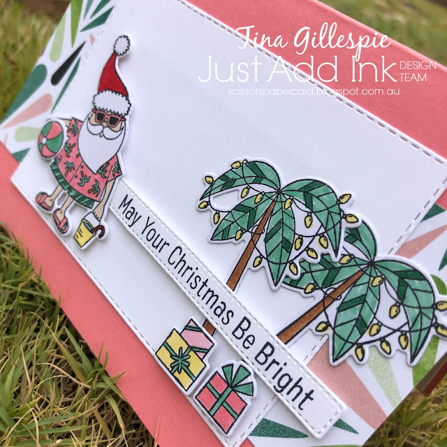 scissorspapercard, Just Add Ink, Sun-Lovin' Santa, Joy To The World Paper Pumpkin, Rectangle Stitched Dies, All Dressed Up Dies, Tropical Escape DSP, Stampin' Blends
