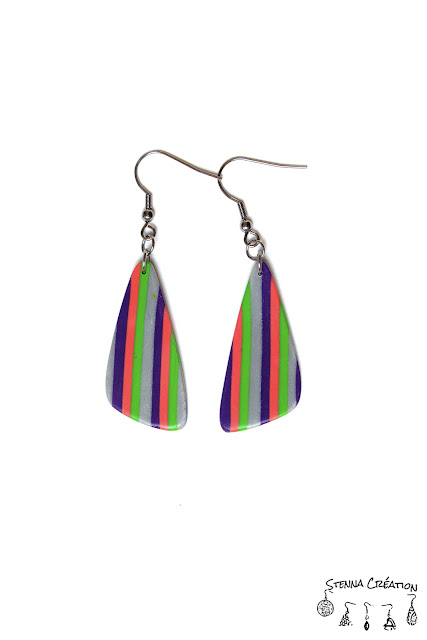 Boucles d'oreilles pâte polymère rayures violet vert corail argent Cernit Fimo Stenna Création