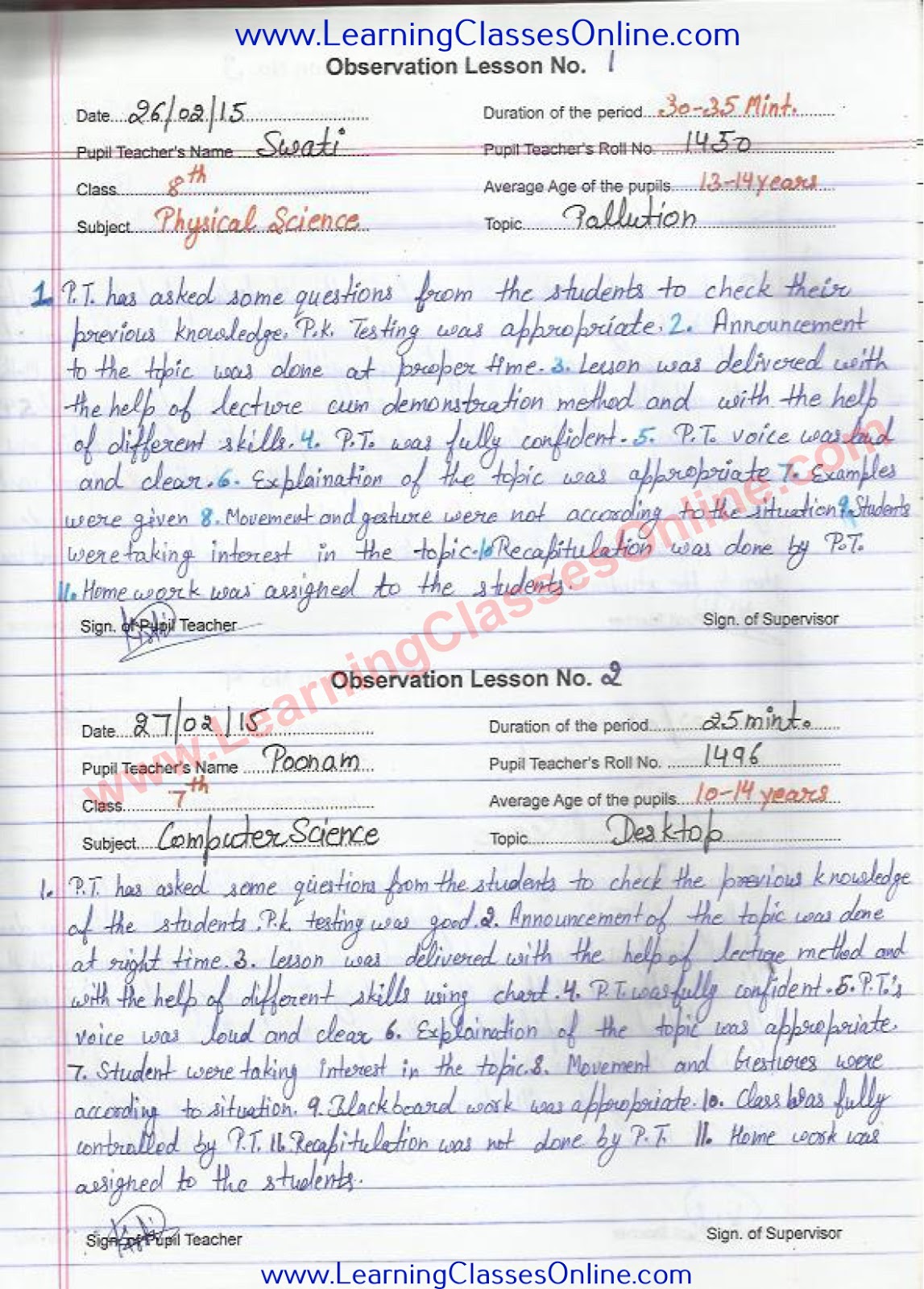 B Ed Observation Lesson Plans