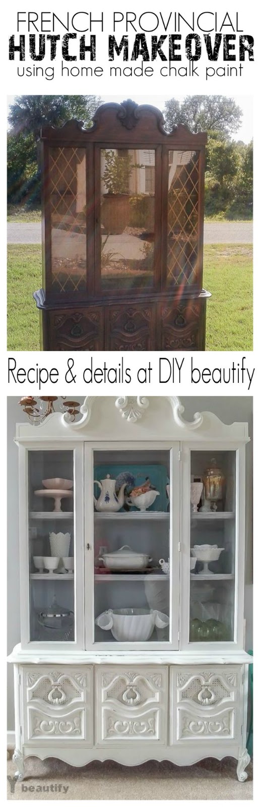 A damaged hutch gets repaired and brought to life with shabby white paint. Details and home made chalk paint recipe at DIY beautify!