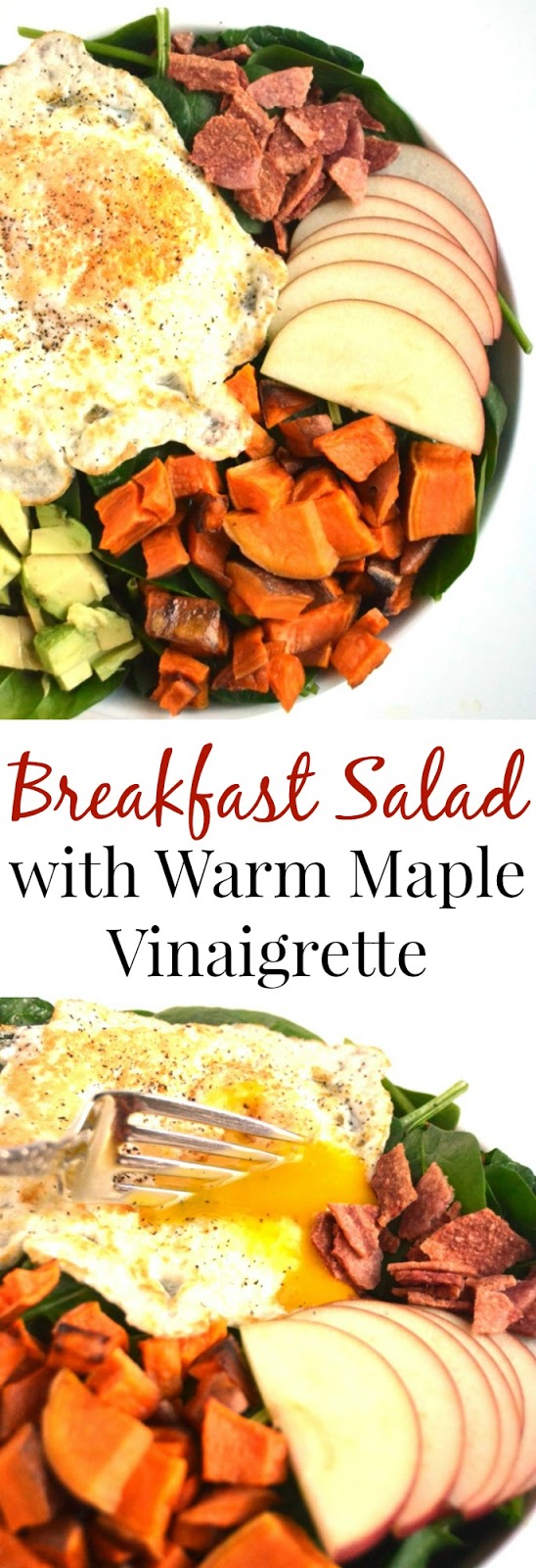 Breakfast Salad with Warm Maple Vinaigrette is a unique salad with baby spinach, roasted sweet potatoes, chopped sweet apples, crumbled bacon, creamy avocado and runny eggs! www.nutritionistreviews.com