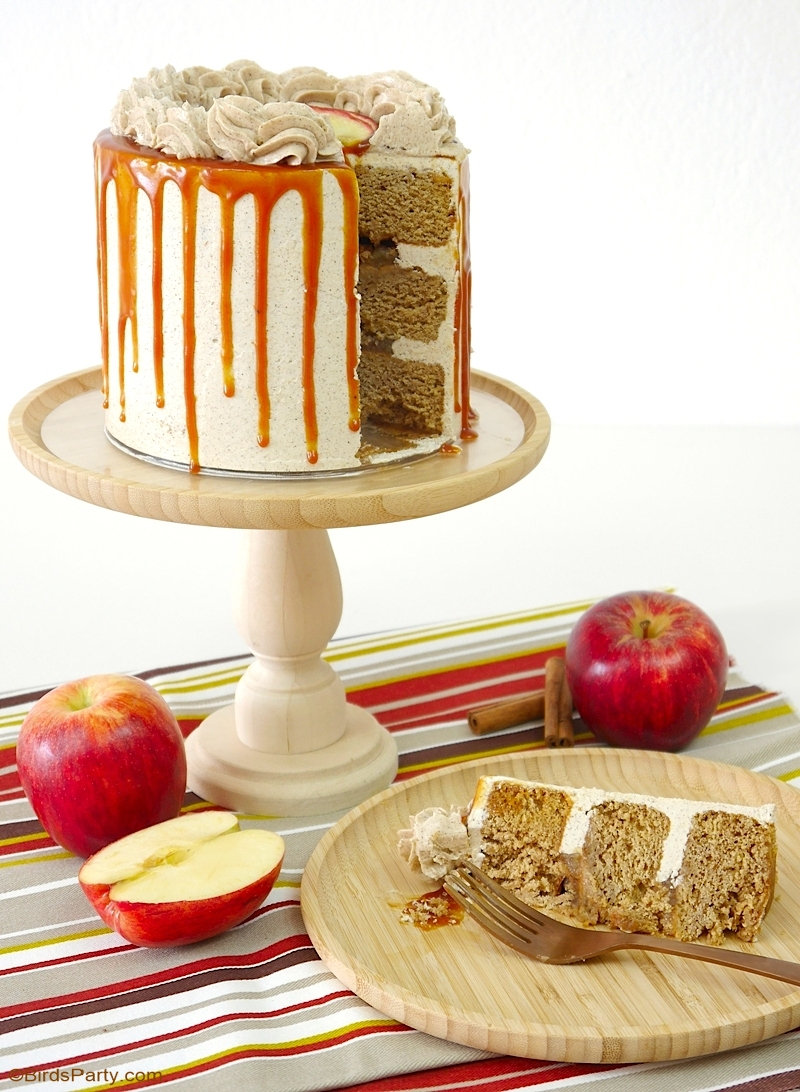 Apple and Cinnamon Layer Cake with Salted Caramel Drip - delicious autumnal cake perfect for a Fall dinner party, birthday or Thanksgiving! by BirdsParty.com @birdsparty #apple #applerecipe #applecake #applelayercake #caramel #saltedcaramel #saltedcaramelrecipe #dripcake #layercake #applecaramellayercake #applecinnamonlayercake #appledripcake #applecarameldripcake