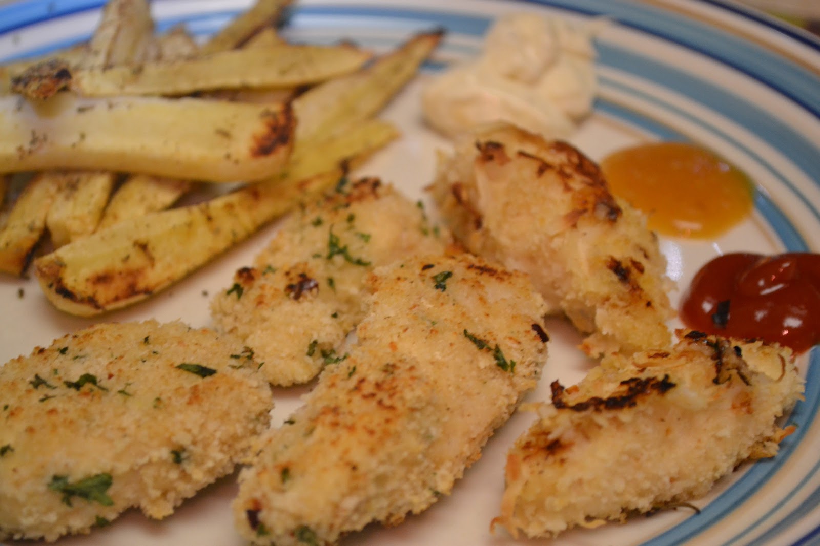 Gourmet, My Way "Healthified" Chicken Fingers and Fries (with Garlic