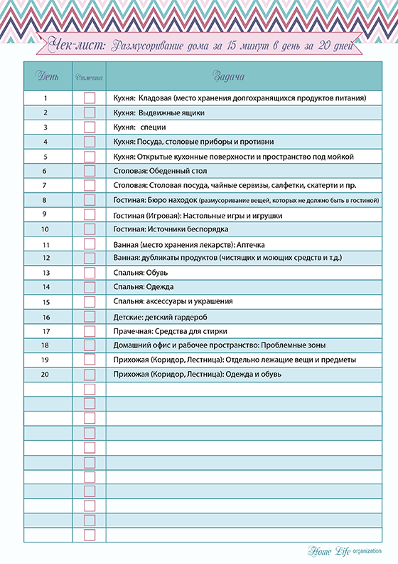Скачать шаблон чек-листа по размусориванию дома за 20 дней в pdf
