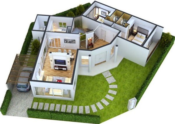 Modern Three Bedroom Floor Plans With 3d Dimensions Face