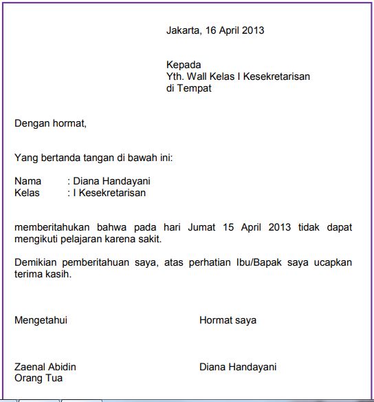 Cara Penulisan Surat Izin Tidak Masuk Sekolah Dan Kerja Serta