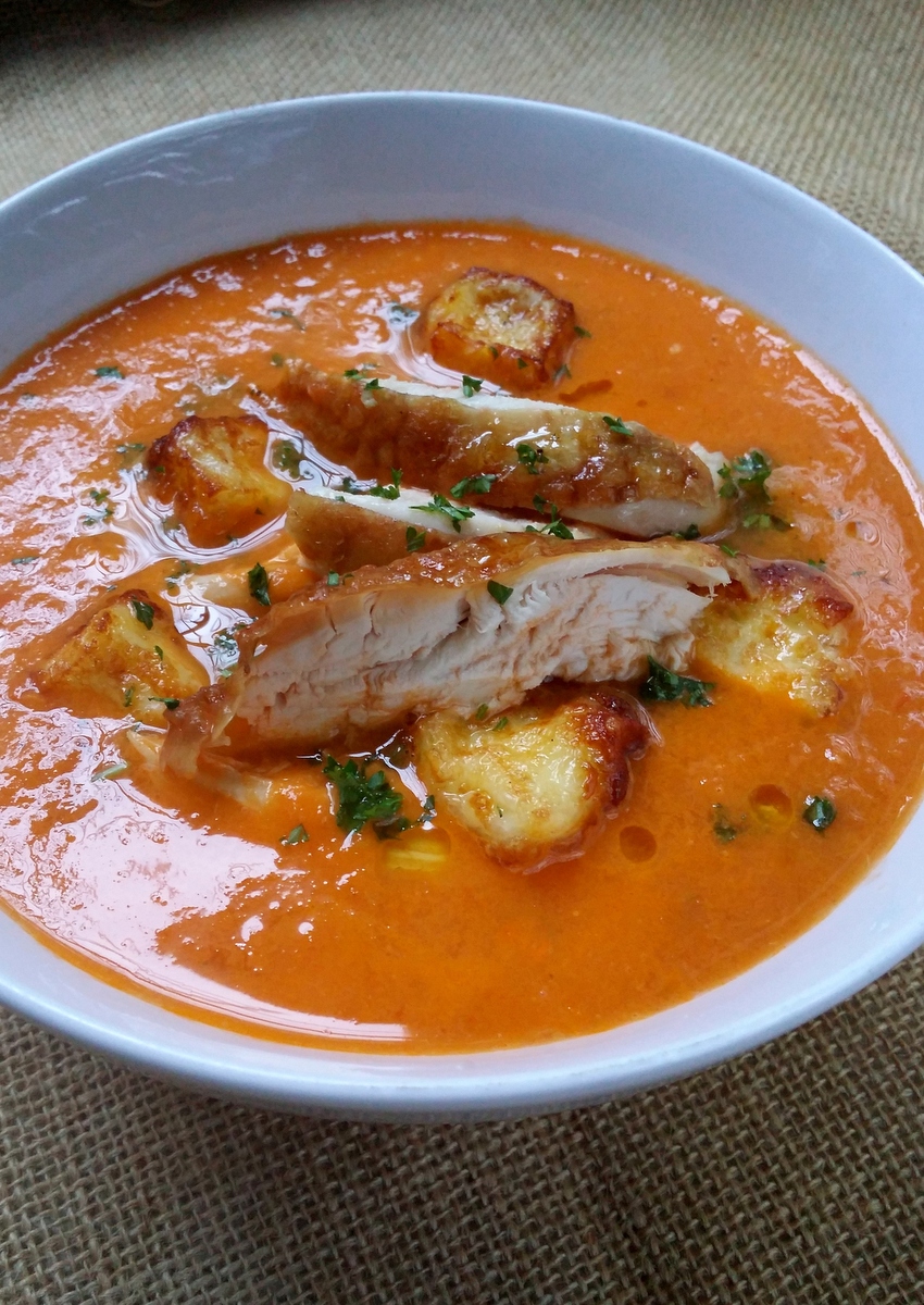 Spicy LowCarb Roast Chicken & Tomato Soup with Halloumi Croutons