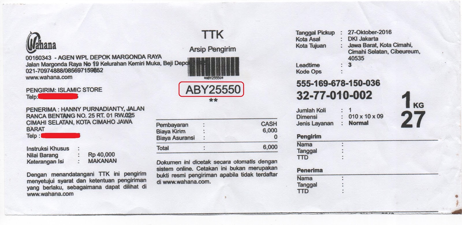 Contoh Resi Airwaybill Ekspedisi Pengiriman Brankas Arsip