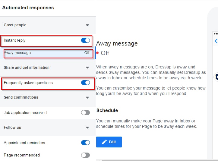 Setting Facebook page automated response