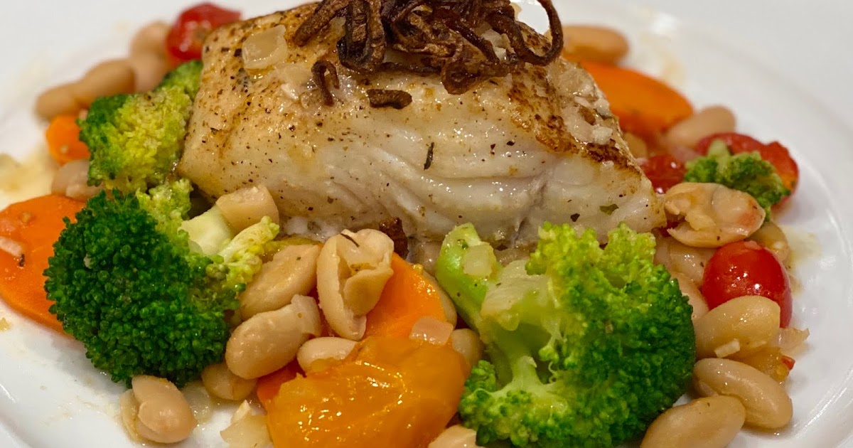 GREAT EATS HAWAII PAN SEARED HALIBUT WITH CANNELLINI BEANS AND VEGETABLES