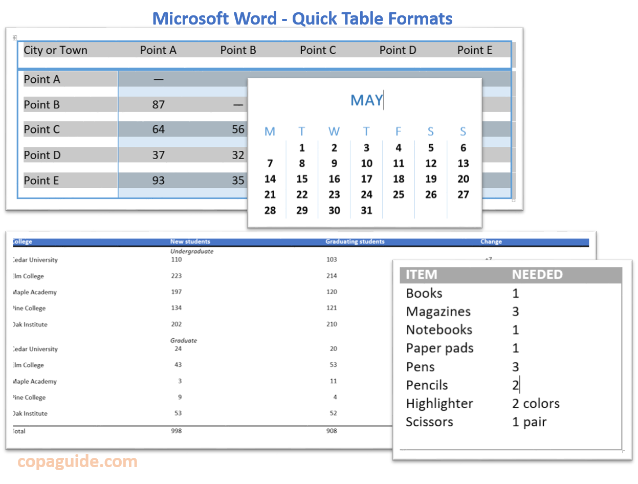  Different Types of  Quick Tables in MS-Word Hindi Notes