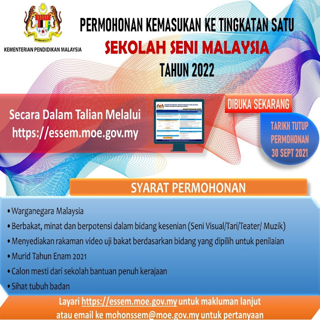 PERMOHONAN KEMASUKAN MURID KE TINGKATAN SATU SEKOLAH SENI MALAYSIA/PROGRAM PENDIDIKAN SENI (SSEM/PPS) AMBILAN TAHUN 2022